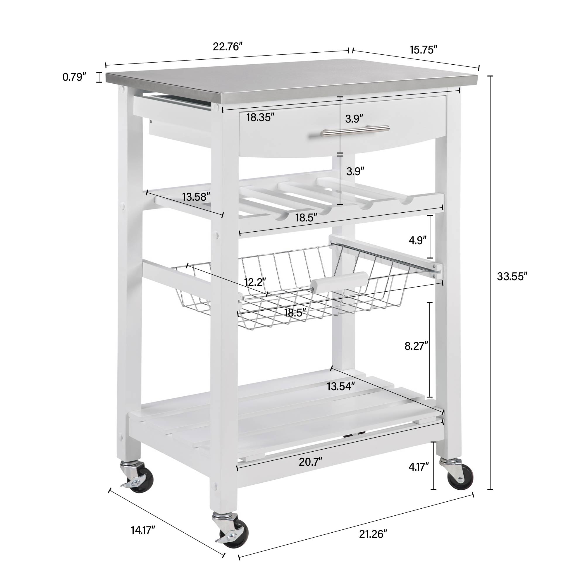 Mobile Rolling Kitchen Island Trolley Serving Cart With Underneath Drawer & Slide-Out Wire Storage Basket_voghion.com